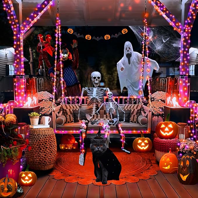 KNONEW 100FT 300LED Orange & Purple Halloween Fairy Lights Plug in,Orange Purple String Lights Outdoor Waterproof 8 Modes Memory Times for Bedroom Garden Party Halloween Decorations