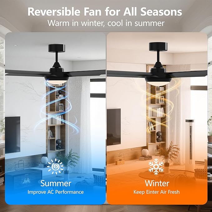 52 Inch Ceiling Fan with Light and Remote, 4 Blades, Quiet DC Motor, Reversible Fan with Dimmable LED Light, for Bedroom Living Room, Black