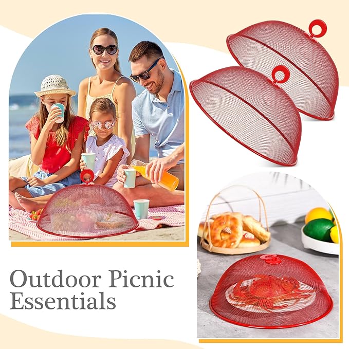 Gerrii 6 Pcs Metal Mesh Food Cover Outdoor Mesh Food Tents Dome Screen Plate Covers for Dinner Plates Reusable Fruit Fly Nets Picnic Food Umbrella for Table, BBQ, Camping, Party (Red,11 Inch)