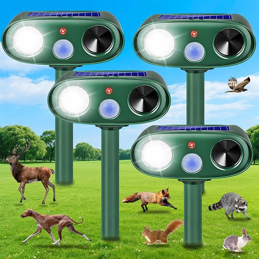 2025 4Pack Solar Ultrasonic Animal Repellent Outdoor Deer Repellent Devices with Motion Detection&Flash Lights,Waterproof Squirrel Skunk Raccoon Dog Cat Deterrent for Yard Patio Farm Garden