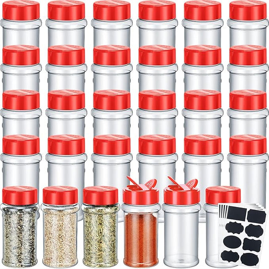 Eccliy 36 Pack 3 oz Clear Plastic Spice Jars with Label and Shaker Lids Empty Spice Bottles Seasoning Containers Seasoning Jars Shaker Condiment Pots for Pepper Herbs Powders(Red)