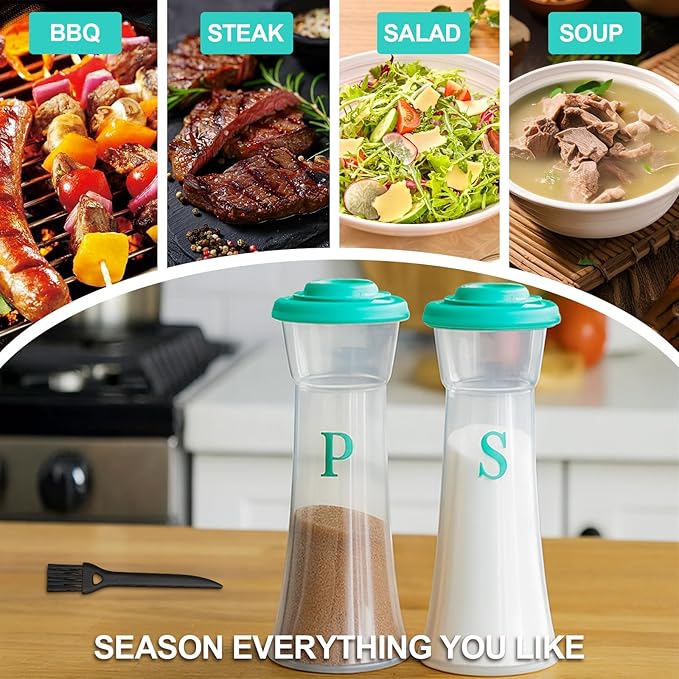 Set of 2 Clear Salt and Pepper Shakers, Plastic Spice Jars with Colorful Lids, Leakproof Moisture-Proof for Home Kitchen Restaurant, Camping, Travel, Picnic (Light Green)