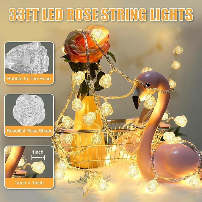 String Lights Indoor, 33Ft 80 LED Rose Flower Lights, 8 Modes Dimmable & Timeable Twinkle Lights, Festival Christmas Decorations for Bedroom Living Room, White, USB Plug, Remote