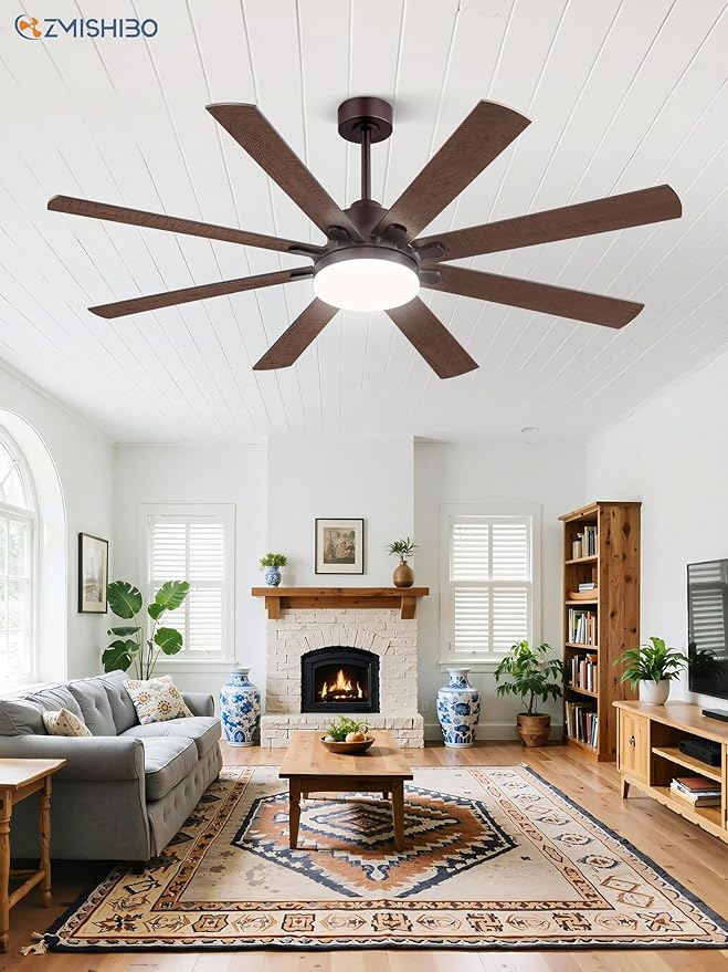 ZMISHIBO 65 Inch Ceiling Fan with Light, Indoor/Outdoor Ceiling Fans with Large LED Panel, Quiet Reversible DC Motor, 6-Speeds, 3CCT, Brown Farmhouse Ceiling Fan for Patio, Livingroom, Bedroom