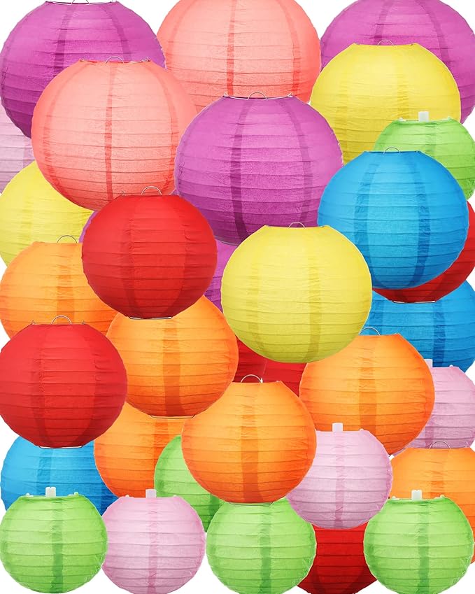 Treela 48 Pcs Colorful Paper Lanterns Multicolor Hanging Lanterns Chinese Round Paper Lanterns 4/6/8/10 Inch Asian Hanging Lamps Decorative for Birthday Party Supplies(Multicolor)