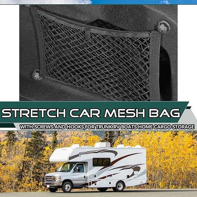JINGKE 2 Pcs Small Cargo Net Pocket Elastic Mesh Netting Car Mesh Pouch with Screws and Hooks for Trunk RV Boats Home Cargo Storage (23.6'' x 9.8'')