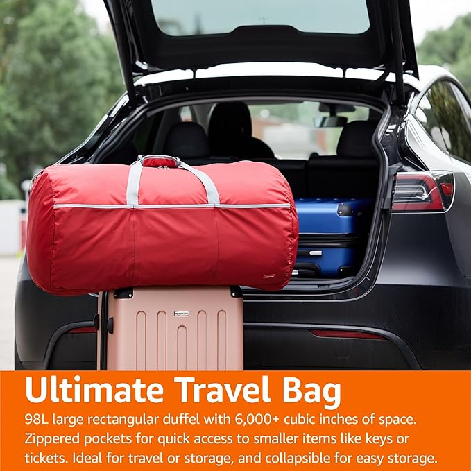 Amazon Basics 32" Extra Large Foldable Duffle Bag for Travel & Storage, with Exterior/Interior Zippered Pockets, Lightweight/Durable Nylon Material, 50-LBS Capacity, 9254 Cubic Inch (150L), Red