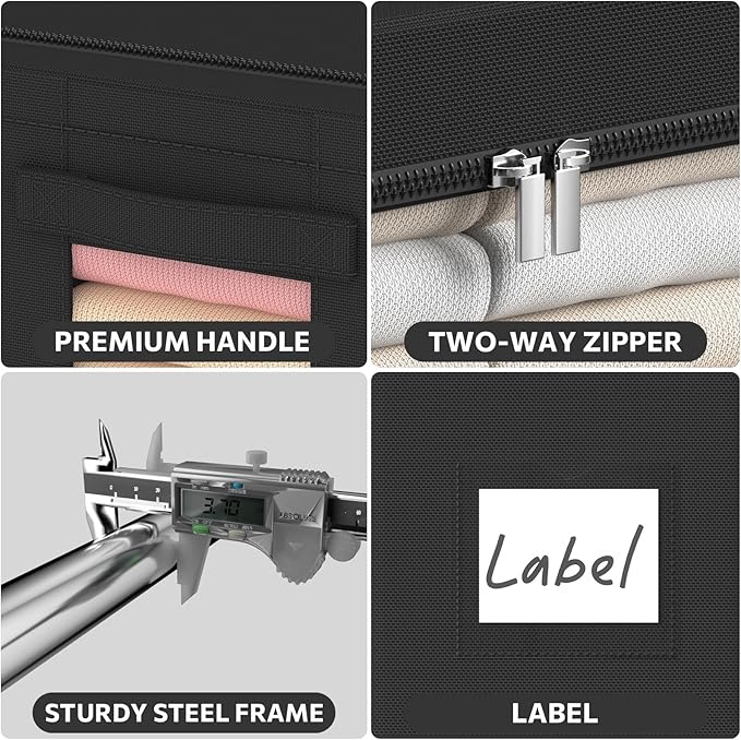 3Pack Frame Storage Box - Clothes Storage Bin Bags Oxford Fabric Foldable Stackable Container Organizer Set with Clear Window & Carry Handles (Black, Large-66L)
