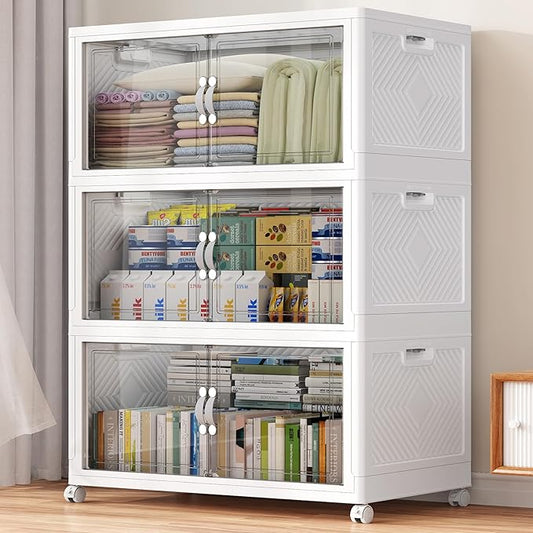 480QT Extra Large Stackable Storage Bins, 120Gal Clear Plastic Closet Organizer Cabinet with Lid and Wheels, Collapsible Latch Boxes Folding Drawer with Door for Home Kitchen, V20 3Pack White