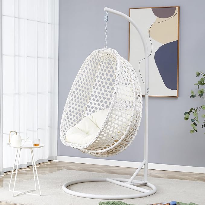 JUFU Egg Swing Chair with Stand，Patio Hanging Basket Chair Outdoor，Hammock Chair with Cushions and Pillow,Hanging Egg Chair with Aluminum Steel Frame for Indoor Bedroom Balcony