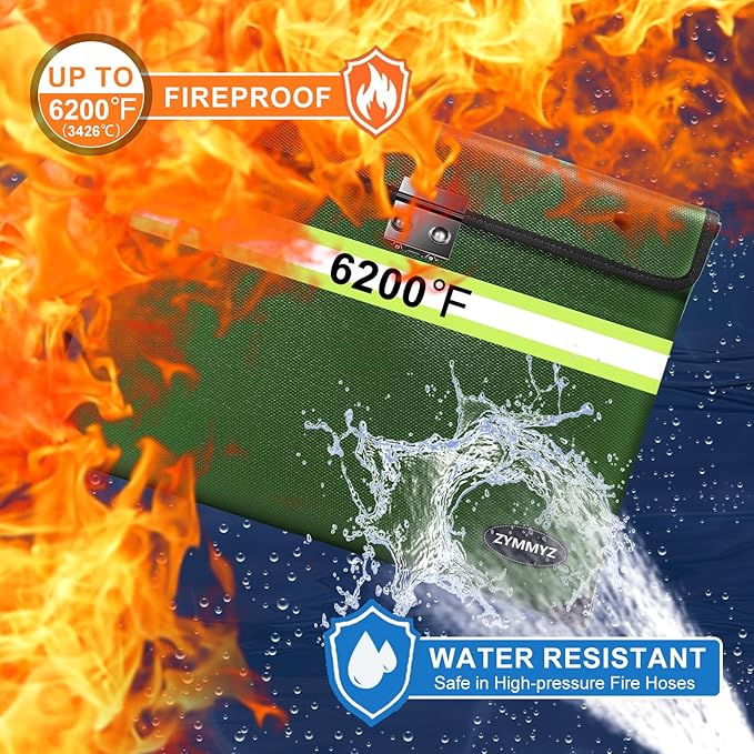 6200°F Fireproof Money Bag with Lock,9 Layers of Heat Insulated Materials,Upgraded Fireproof Zipper/Reflective Strip,Water Resistant Fire Proof for Cash,A5 documents（Not Suitable for A4 Files）