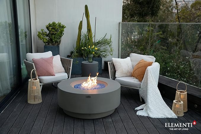 Elementi+ | Bundle Colosseo Gas Fire Pit Cast Concrete 40" Dia. Round Fire Table, Outdoor Fire Pit Electronic Ignition | Canvas Cover, Fire Glass and Burner Lid Included | Light Gray | Propane Gas