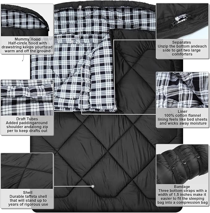 AGEMORE 0 Degree Double Sleeping Bag for Adults, Cotton Flannel Lined 2 Person Queen Size Warm Sleeping Bag for Family Winter Camping or RV Traveling