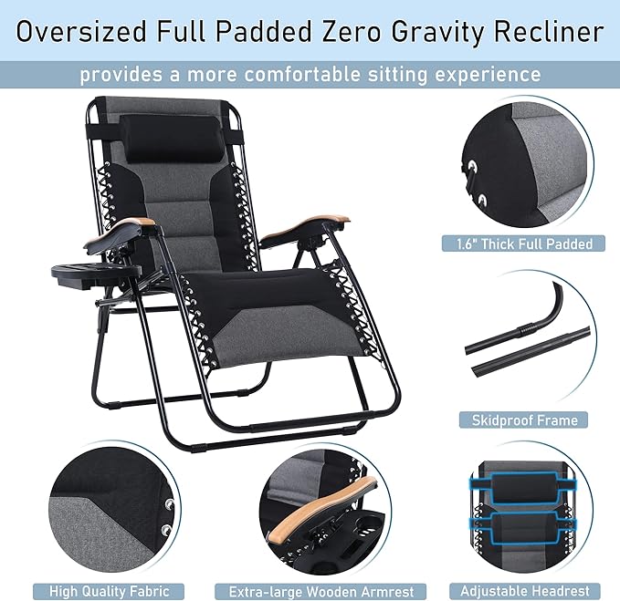 PHI VILLA XXL Oversized Padded Zero Gravity Chair, Foldable Patio Recliner, 30" Wide Seat Anti Gravity Lounger with Cup Holder, Support 400 LBS (Black)