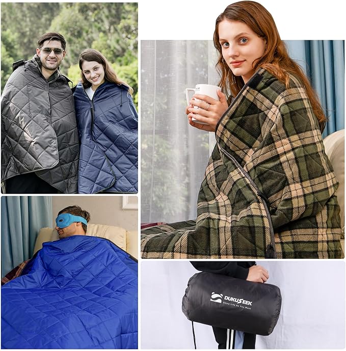 DUKUSEEK Hooded Outdoor Blanket, Waterproof Camping Blanket, Quilted, Thick Fleece, Warm, Windproof, Sand Proof, Portable and Wear-Resistant, Perfect for Stadium, Picnic, Camping