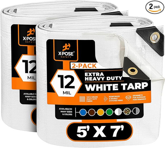 Heavy Duty White Poly Tarp 5' X 7' (2-Pack) - Multipurpose Protective Cover - Durable, Waterproof, Weather Proof, Rip and Tear Resistant - Extra Thick 12 Mil Polyethylene - by Xpose Safety