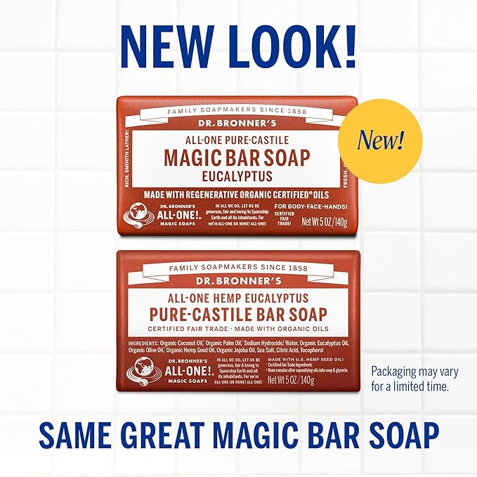 Dr. Bronner's Pure-Castile Magic Soap Bars (Eucalyptus, 5 oz, 6-Pack)- Made with Regenerative Organic Certified Oils for Face, Body & Hair - Gentle, Vegan- Bar Soaps for Men & Women
