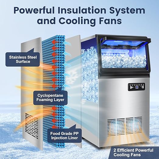 Commercial Ice Maker Machine 140LBS/24H, Dual Water Inlet Options, Freestanding Under Counter Ice Maker Smart LCD, Self-Cleaning, Quiet for Home, Bar, Restaurant, Support 5-Gallon Bottle Water