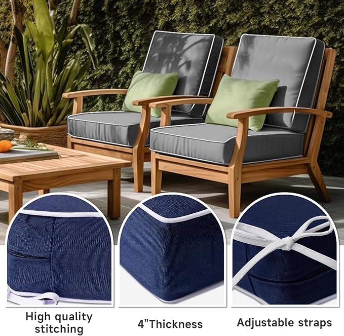 PNP FKJP 2 Pack Outdoor Chair Cushion 20" X 20" X 4", Waterproof Outdoor Seat Cushions with Non-Skid Ties, Navy (Cushion + Cover)