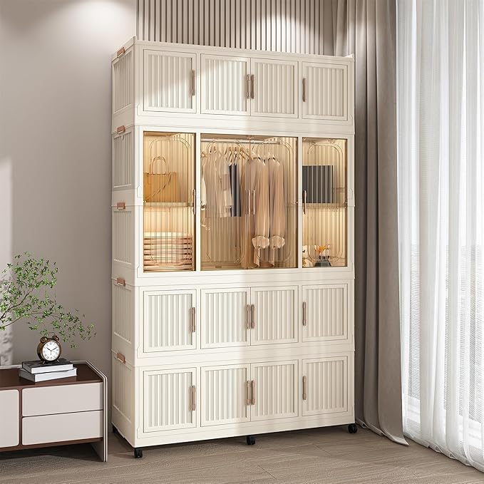 Portable Wardrobe Closet Storage Organizer, Plastic Collapsible Closet Organizer with Transparent Magnetic Door, for Living Room Bedroom,Easy Assemble,16 Cubes & 1 Hanging Rod