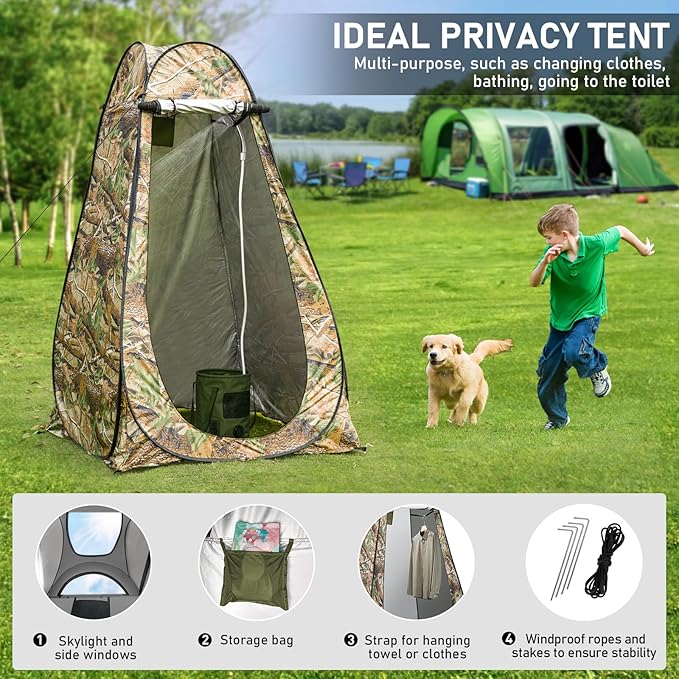 Portable Camping Shower, Pop Up Shower Privacy Tent Kit with LED Lights, 4500mAh Rechargeable Shower Pump, Filtered Shower Head & 7.4 Gallons Foldable Bucket, Outdoor Shower for Hiking Beach, Travel