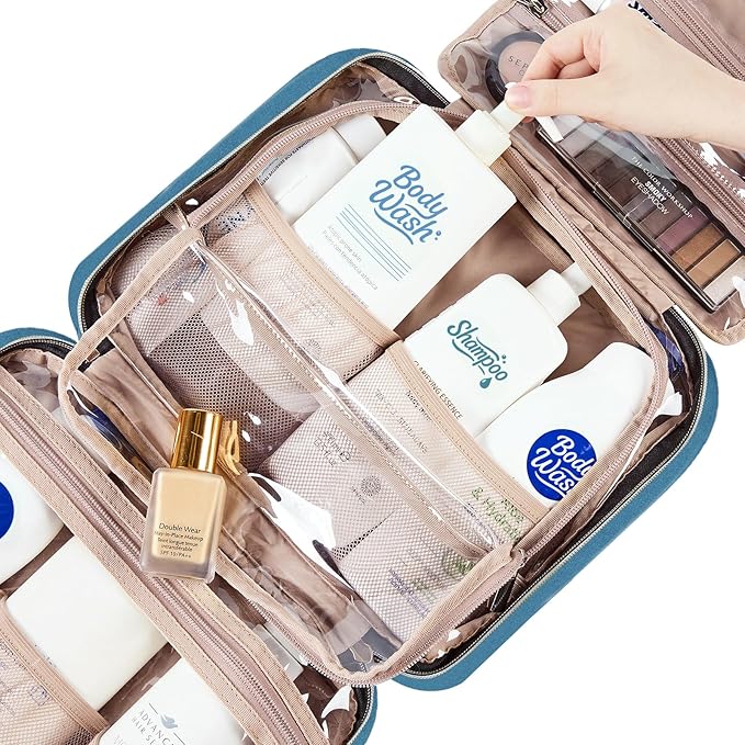 NISHEL Travel Toiletry Bag for women, Portable Hanging Organizer for Full-Sized Shampoo, Conditioner, Brushes Set, Makeup Accessories, Large Size, Lake-Blue