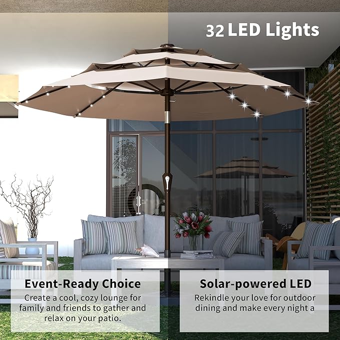 Kingdura 10ft 3-Tier Patio Umbrella with Solar Lights, Table Umbrella Outdoor Patio with Easy Crank & Tilt, 8 Sturdy Ribs, UV Protection, 32 LED Lights for Deck, Poolside, Market (Beige)