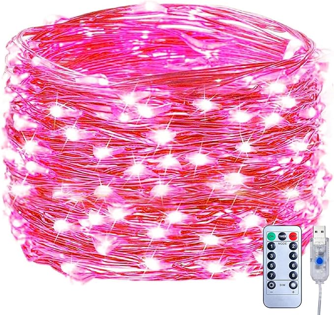 Pink USB Fairy Lights Plug in, 33Feet 100 LEDs Twinkle String Lights with Remote and Timer, Waterproof 8 Modes for Valentine's Day Bedroom Indoor Wreath DIY Wedding Christmas Holiday Decoration