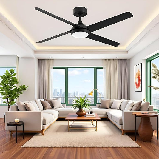 52 Inch Ceiling Fan with Light and Remote, 4 Blades, Quiet DC Motor, Reversible Fan with Dimmable LED Light, for Bedroom Living Room, Black