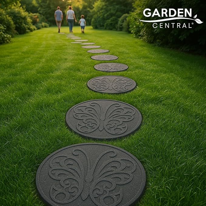 Garden Central 4-Pack 18”x18” Fake Butterfly Rubber Stepping Stones, Round, Grey – Reversible Non-Slip Outdoor Faux Decorative Set for Landscaping – DIY Decor for Walkways & Yard Pathways