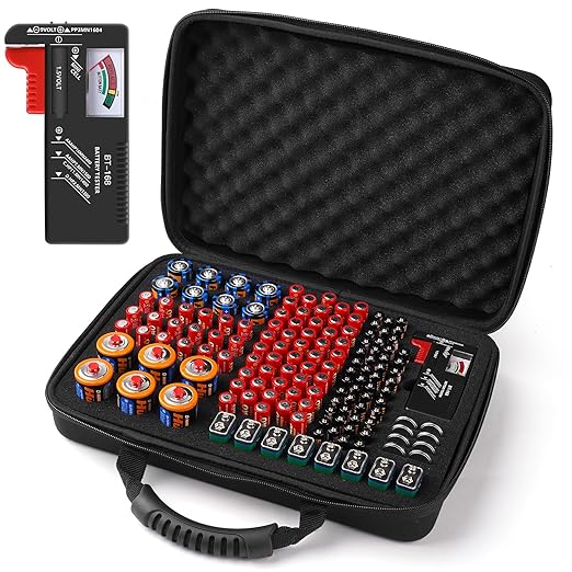 Battery Organizer, Battery Organizer Storage Case with Tester BT-168, Waterproof Battery Holder Box Holds, Battery Case Organizer 145+ AA AAA C D 9V Batteries (Batteries are Not Included)