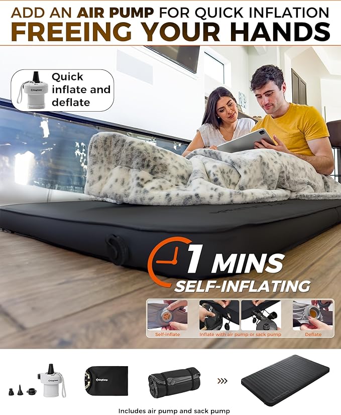 KingCamp Self Inflating Sleeping Pad for Camping, 7.5 R-Value Double Camping Mattress, Portable 4 Season Memory Foam Camping Mat with Pump & PVC-Free Fabric for Comfort Travel Car Tent Cot, Black