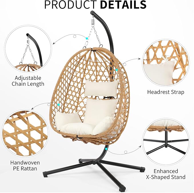 Egg Chair with Stand, Patio Wicker Hanging Chair, Hammock Swing Chair, 350LBS Capacity for Bedroom, Balcony, Garden (YE-BE)
