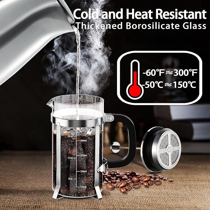 French Press Coffee Maker 304 Stainless Steel Coffee Press,with 4 Filters System, Heat Resistant Thickness Borosilicate French Press Glass, BPA-Free Brewed Tea Pot Coffee Plunger(Copper 12oz)
