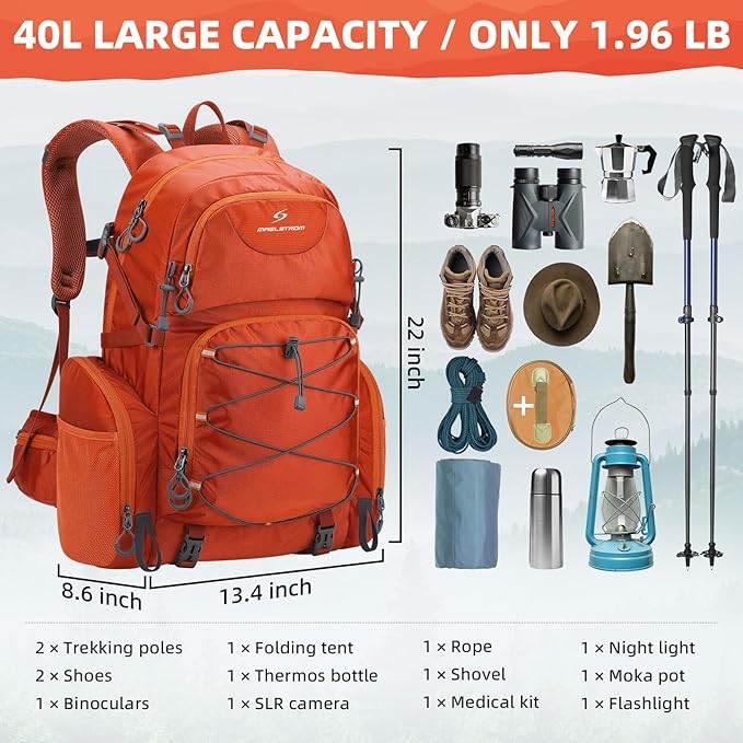 Maelstrom Hiking Backpack, 40L Waterproof Camping Daypack for Men and Women, Lightweight Travel Pack with Rain Cover-Orange