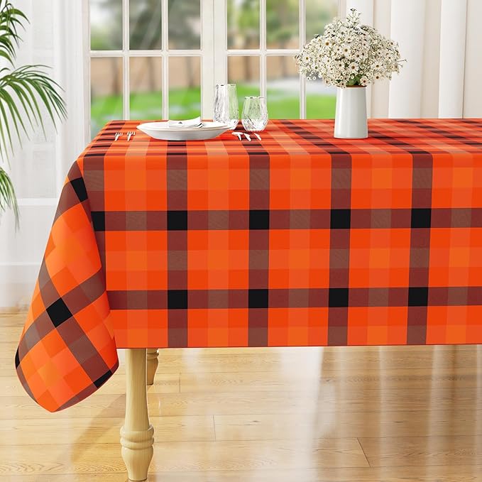 misaya Rectangle Waterproof Vinyl Table Cloth, Buffalo Flannel Backed Tablecloth, Wipeable Plastic Table Cover for Dinner, Kitchen, Picnic (52" x 70", Black and Orange and Yellow)