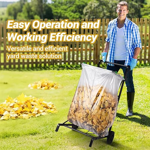 CAROD Upgraded Trash Bag Holder Cart with Storage Basket and Ergonomic Handle, Adjustable Outdoor Leaf Bag Holder from 30-45 Gallon Capacity, Ideal for Yard Clean-Up, Camping, Parties,Leaf Collection