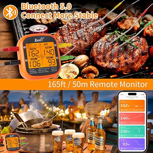 Wireless Digital Meat Thermometer,Instant Read Food Thermometer with LCD Display and 4 Stainless Probes,Advanced Electronic Thermometer Waterproof for BBQ Cooking Kitchen Outside Grill