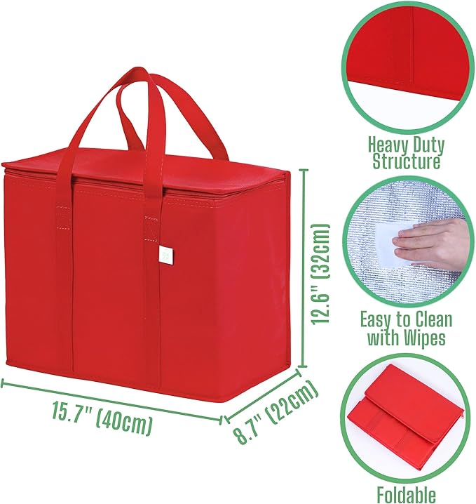 VENO 3 Pack Cooler Bag and Insulated Grocery Bags for Food Delivery, Collapsible Cooler, Reusable Shopping Bags for Groceries with zipper, Foldable, Heavy-Duty, Stands Upright (Red, 3 Pack)