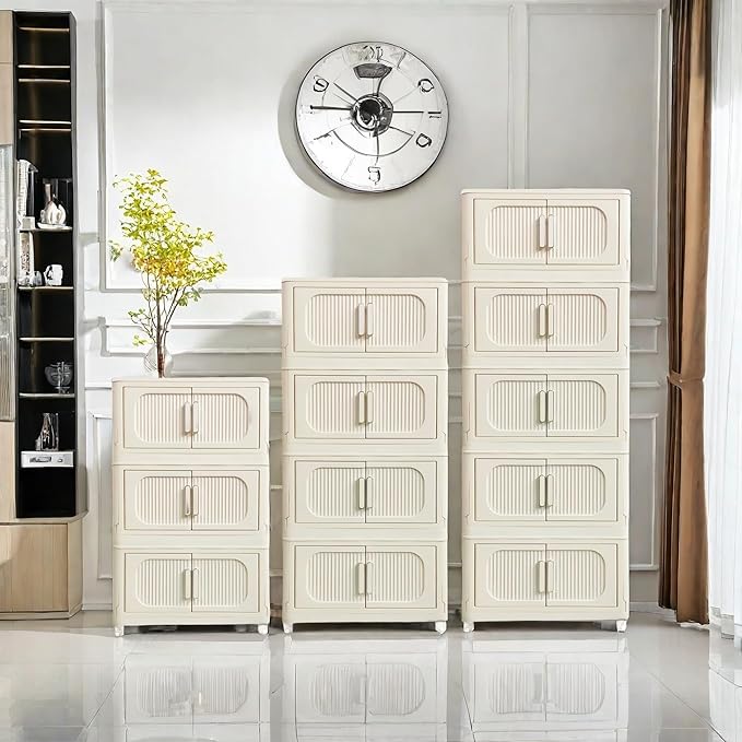 Holaki 117 QT Storage Bins with Lid, 3 Tier Collapsible Closet Organizers, Stackable Plastic Storage Bins Cabinet with Wheels and Magnetic Door, Opaque