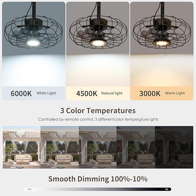 Outdoor Ceiling Fans with Light for Patios Gazebo, 15" Weatherproof Plug in Ceiling Fan, Gazebo Fan Remote, 3CCT Dimmable,Caged Ceiling Fan with Hanging Hook for Porch, Pergola,Canopy, Classical Black