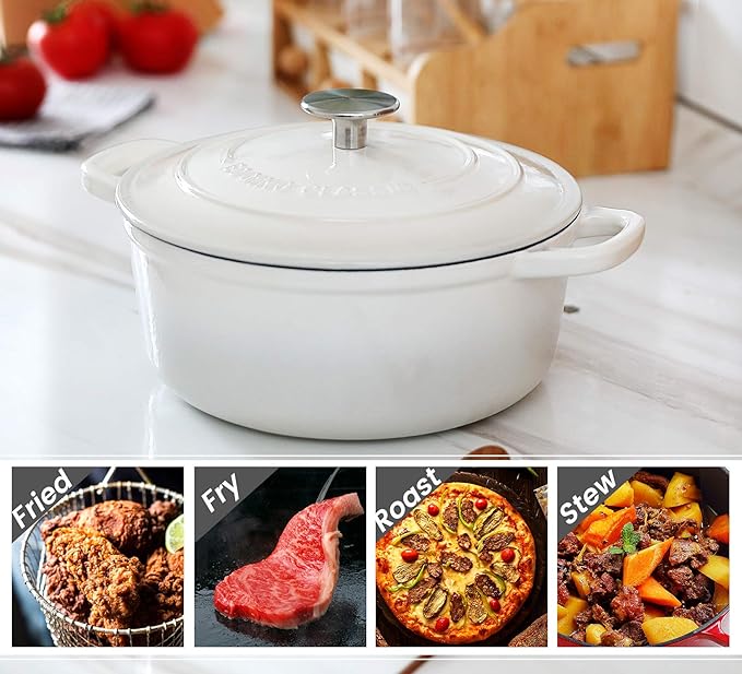 Cast Iron Dutch Oven With Lid Round Pot Enameled Covered for Bread Baking, 7 Quart, White