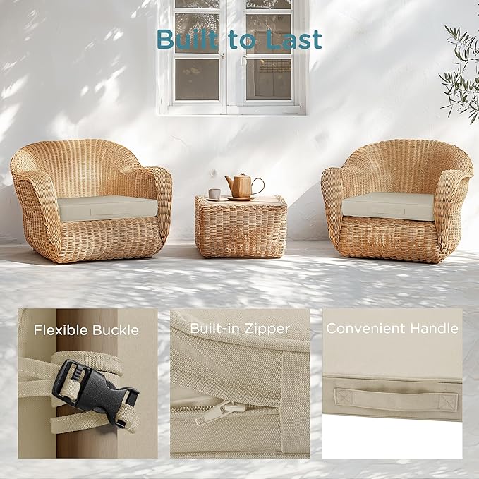 Codi Outdoor Seat Cushions for Patio Furniture 22x22 Inch, Waterproof Chair Cushion with Handles & Adjustable Straps, Fade Resistant - Set of 2, Beige