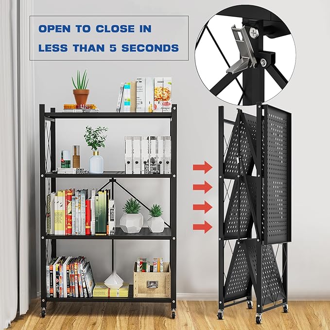 4-Tier Foldable Storage Shelf with Wheels - Metal Rack Collapsible Shelving Unit Display, Rolling Cart for Books Kitchen Storage Shelves, Pantry & Closet Organizer, Office Room Decor