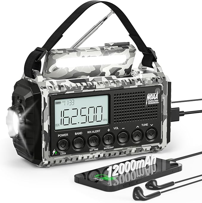 Emergency Radio 12000mAh with NOAA Weather Alert | Solar, Hand Crank, Battery AM/FM/Shortwave with Type-C Charger, Flashlight, SOS for Hurricane, Camping, Outdoor Survival