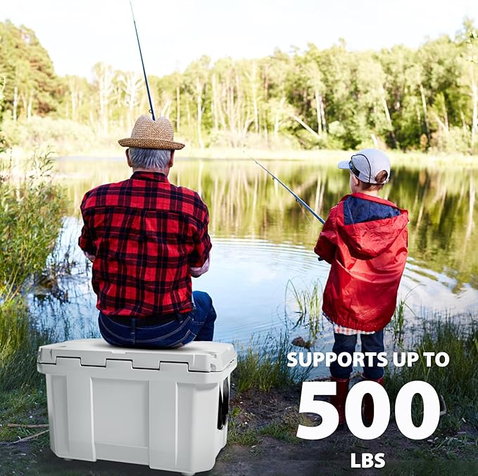 Hard Cooler, Insulated Ice Chest Box Holds Ice for More Days, Portable Cooler with Handle, Cup Holders, Double Latches for Camping Drink, Beach, Picnic, Fishing, Boat, Barbecue