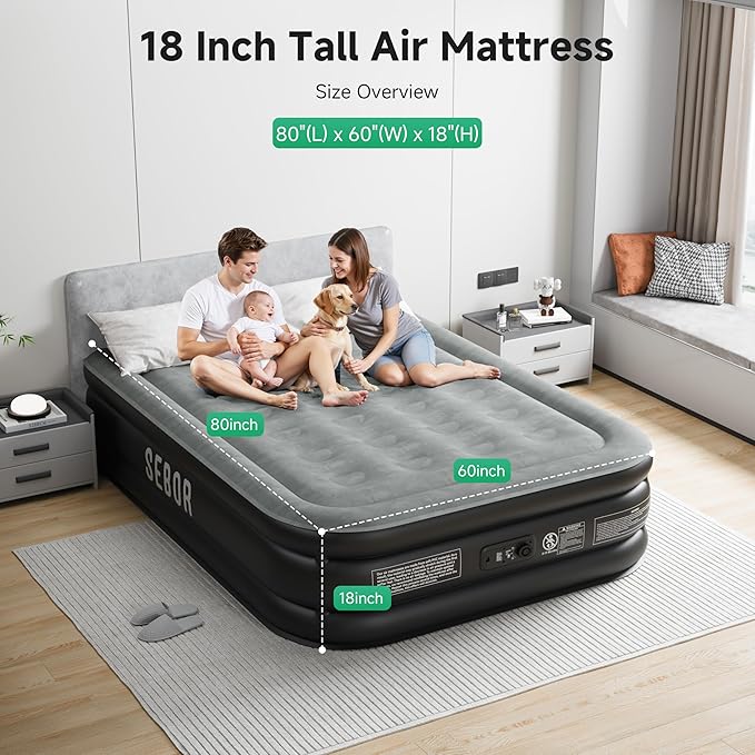 Air Mattress Queen with Built-in Pump 18", Comfortable Self-Inflating Air Mattress with High-Speed Pump, Durable Blow Up Mattress Queen with Storage Bag for Guests, Camping, Travel