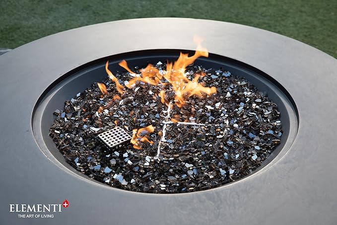Elementi+ | Bundle Nimes Gas Fire Pit Cast Concrete 40" Dia. Round Fire Table, Outdoor Fire Pit Electronic Ignition | Canvas Cover, Fire Glass and Burner Lid Included | Dark Gray | Propane Gas