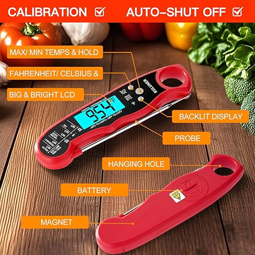 TP-01 Waterproof Digital Instant Read Meat Thermometer with 4.6 Folding Probe Backlight Calibration Function for Cooking Food Candy, BBQ Grill, Liquids,Beef（Red）