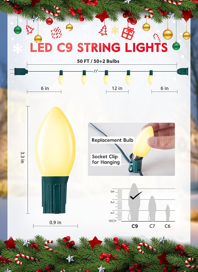 Vintage C9 LED Christmas Lights Outdoor, 50 Feet C9 String with 50 Shatterproof Matte Bulbs, Connectable Waterproof Tree Lights for Holiday Roofline, Backyard Garden Decor, Warm White